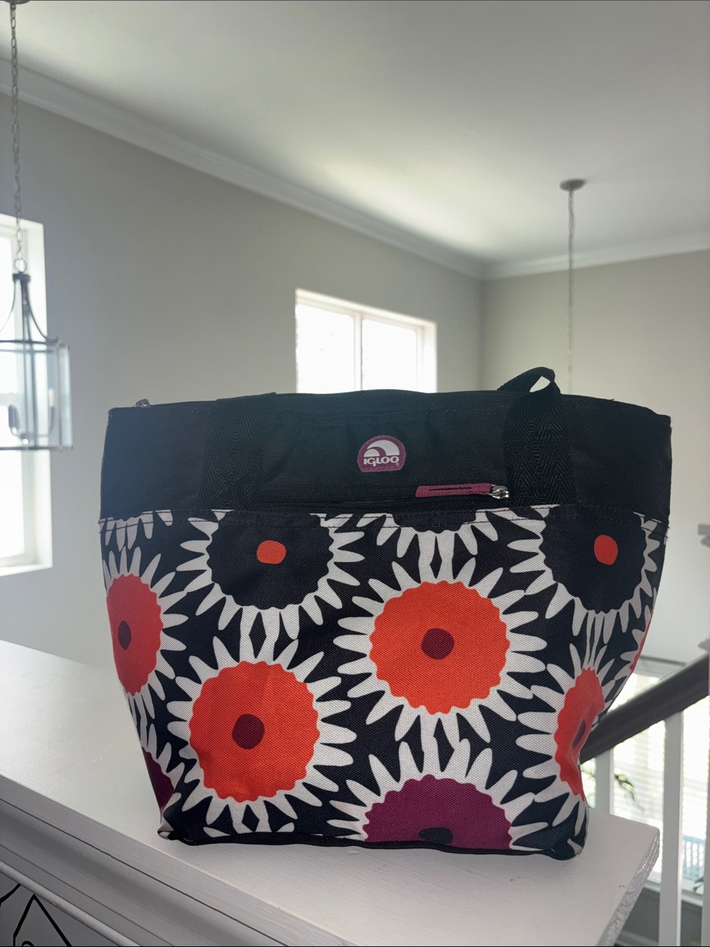Igloo Black Canvas Tote with Orange and Purple Floral Print